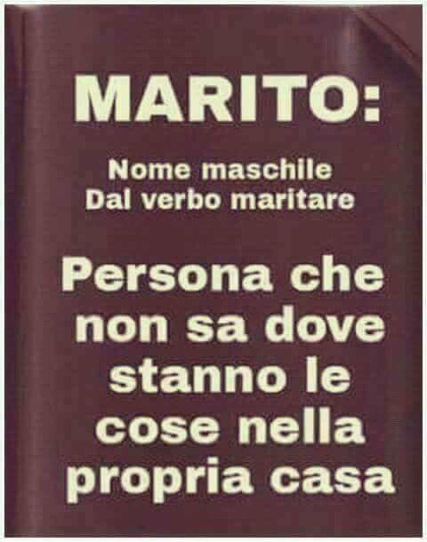 MARITO: Voce maschile dal verbo maritare. Persona che non sa dove stanno le cose nella propria casa.