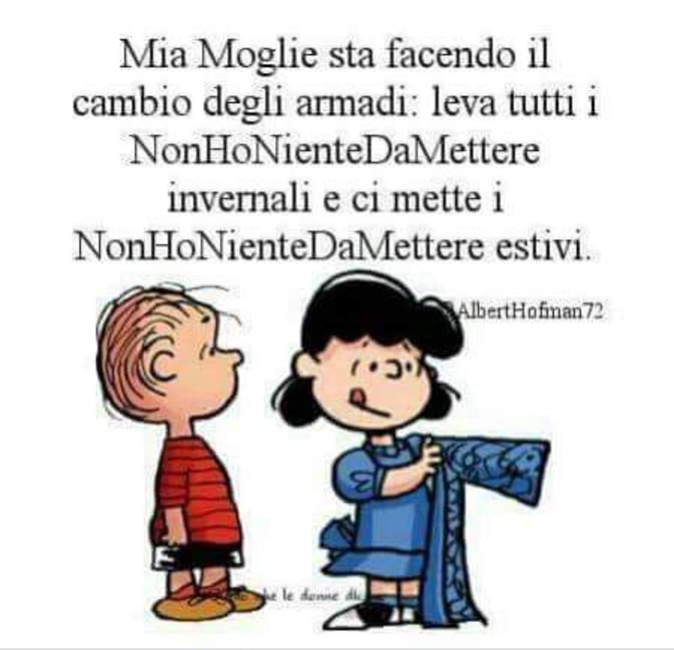 Mia moglie sta facendo il cambio degli armadi: leva tutti i NonHoNienteDaMettermi invernali e ci mette tutti i NonHoNienteDaMettermi estivi.